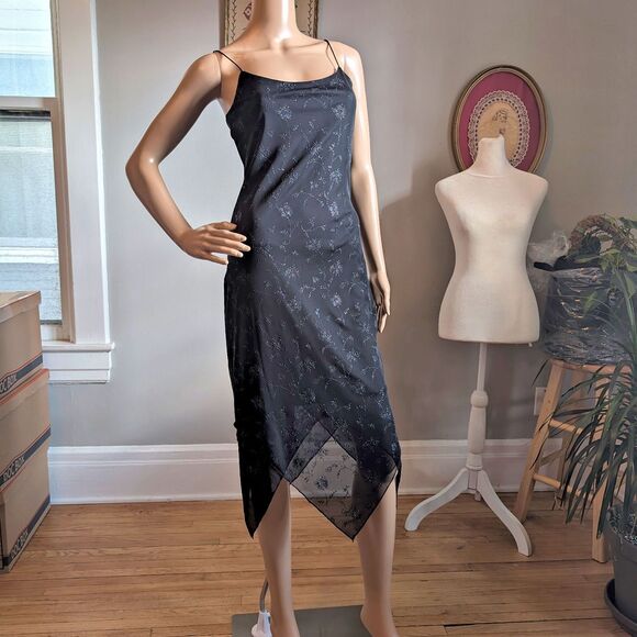 Vintage 90s Byer Too Black Midi Dress Cocktail Floral Glitter Whimsygoth Size S - Picture 13 of 13